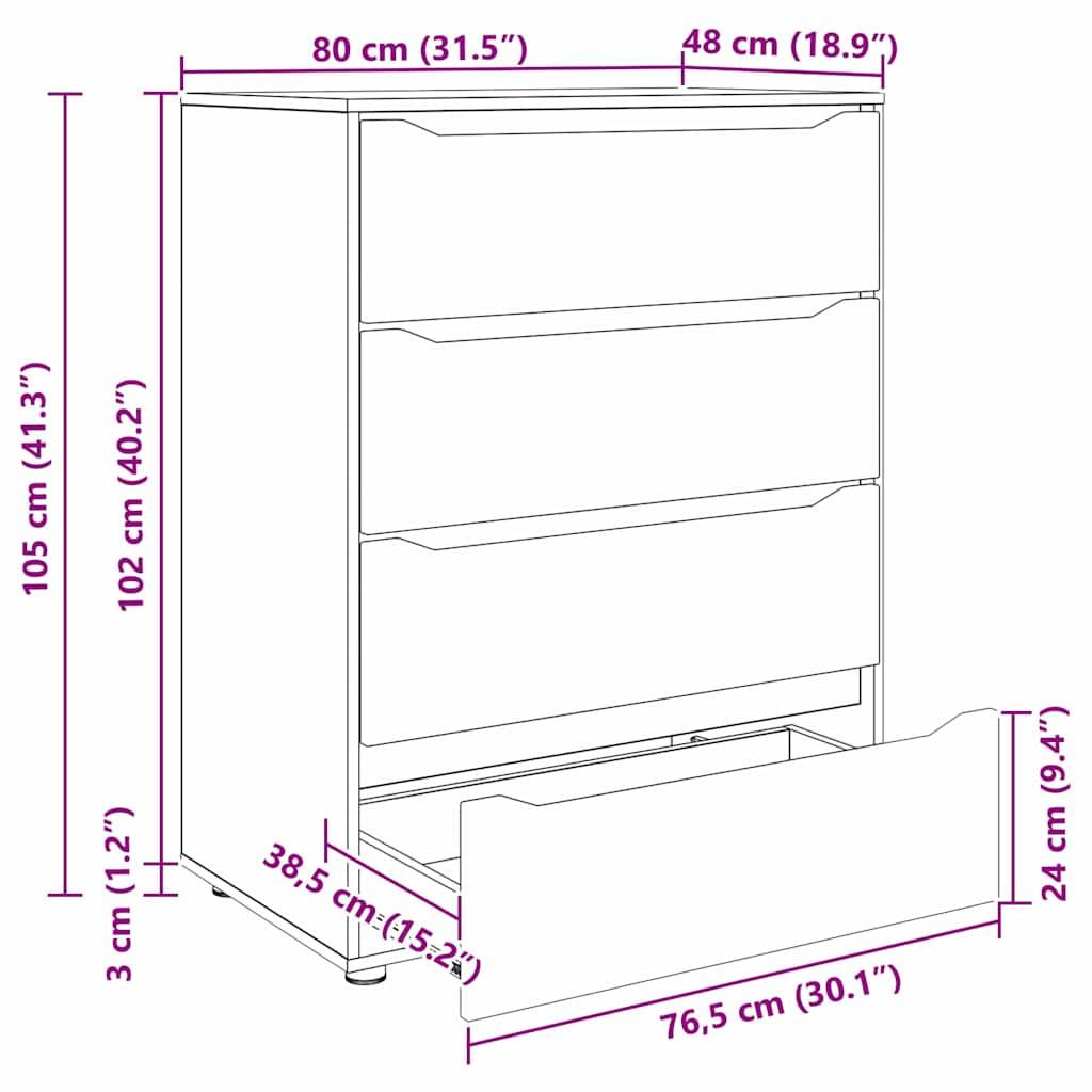 Eine Linienzeichnung einer Kommode mit Maßangaben: Höhe 105 cm, Breite 80 cm, Tiefe 48 cm. Unterste Schublade geöffnet, Abmessungen sichtbar.