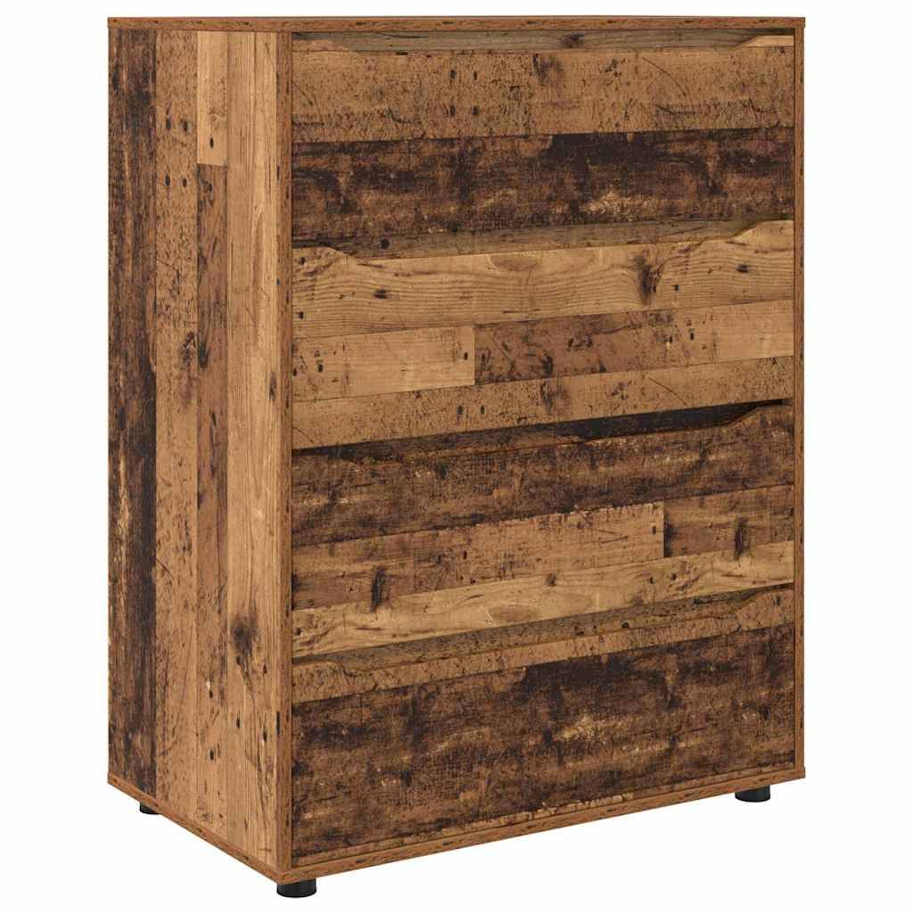 Holzschrank mit rustikaler Brettfront und Seitenwänden, stehend auf kleinen schwarzen Füßen.