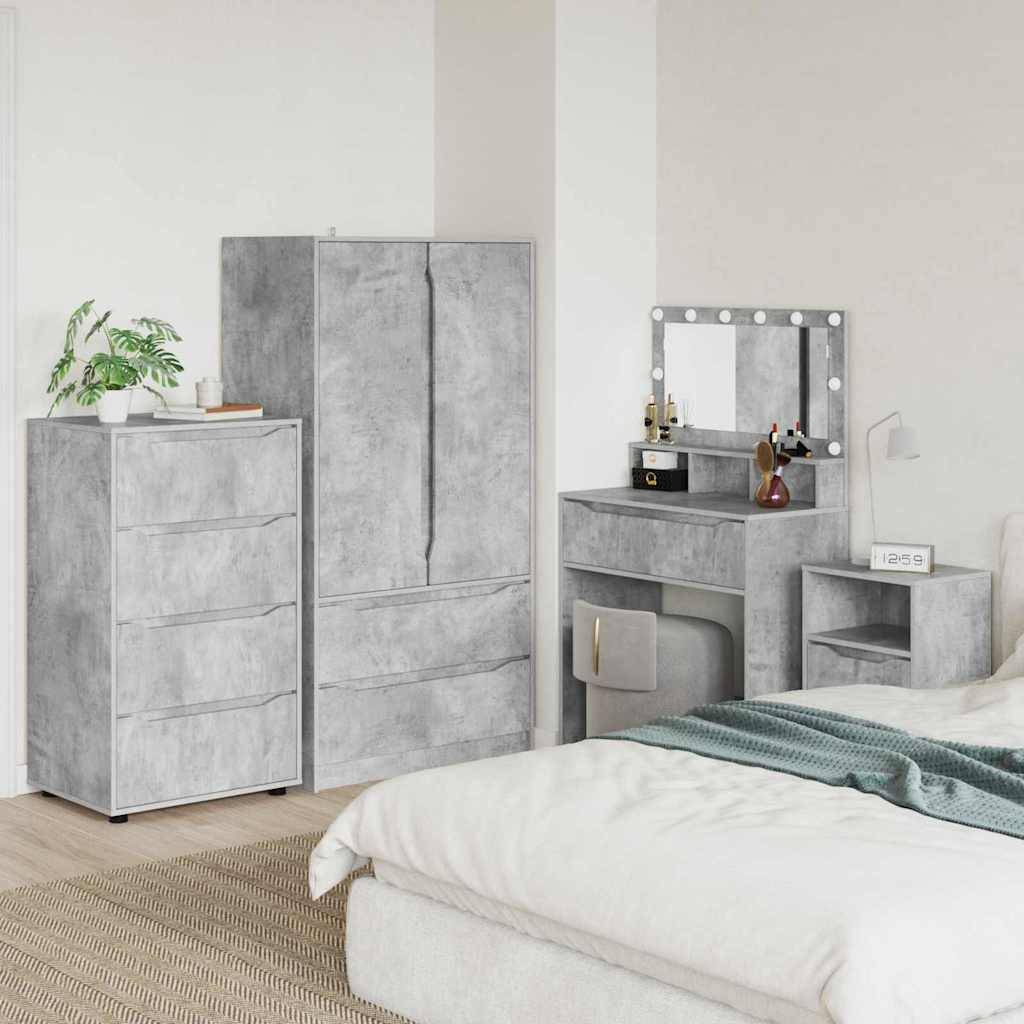 Modernes Schlafzimmer mit Möbelset im Grauholz-Look: Kommode, Kleiderschrank, Frisiertisch mit Spiegelleuchten, Nachttishregal und ein Bett mit weißer Bettwäsche und teal-farbenem Überwurf.