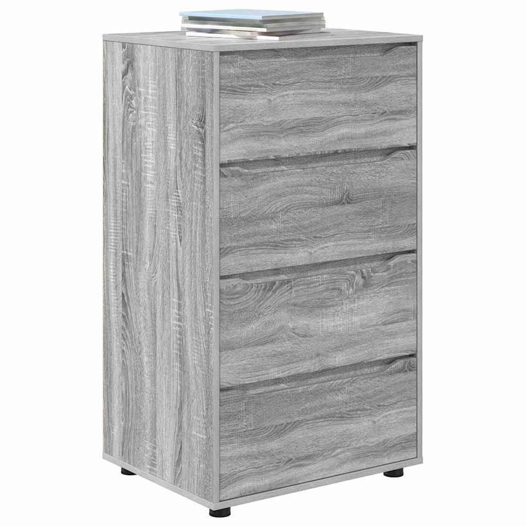 Grauer Holz-Aktenschrank mit drei Schubladen, an der Oberfläche bedeckt mit einem Stapel Papiere, vor einem einfarbigen weißen Hintergrund.