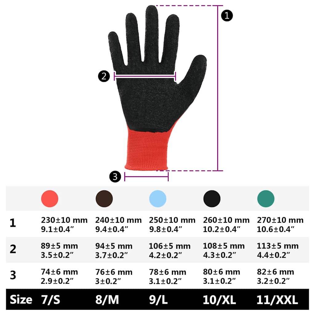 Eine Größentabelle für Handschuhe zeigt Dimensionen in Millimetern für die Größen 7/S, 8/M, 9/L, 10/XL und 11/XXL mit Messungen für Länge, Breite und Bündchen.
