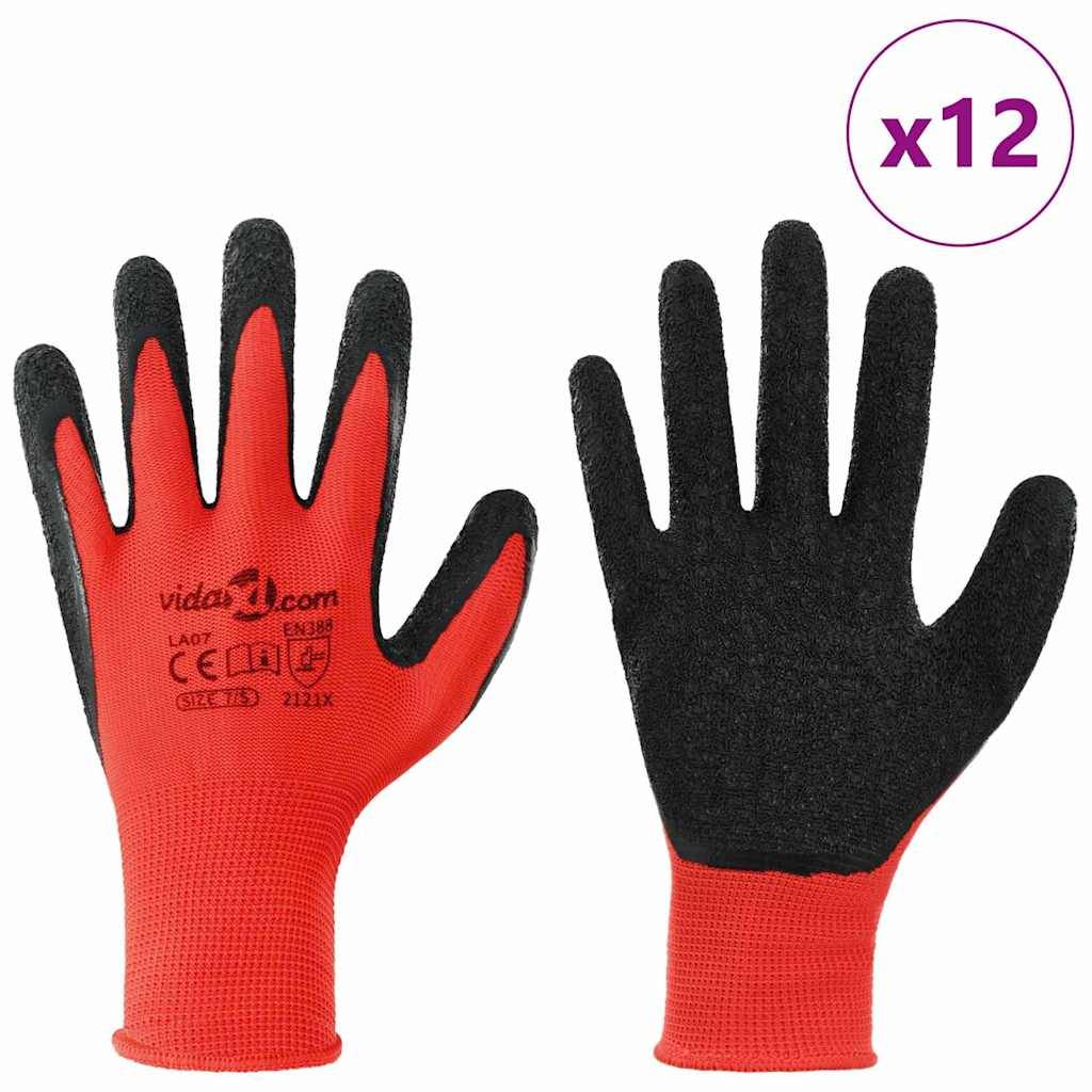 Paar rot-schwarzer Sicherheitshandschuhe mit 'x12', was auf eine Garnitur von zwölf Handschuhen hinweist. Geeignet für verschiedene Schutzaufgaben.