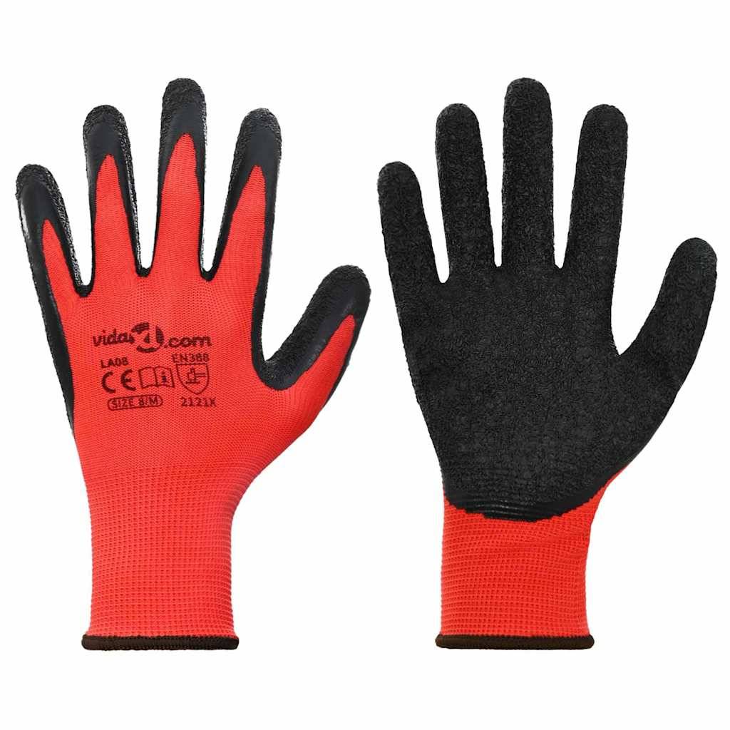 Rote und schwarze Schutzarbeitshandschuhe mit Griffstruktur; Vorder- und Rückansicht.