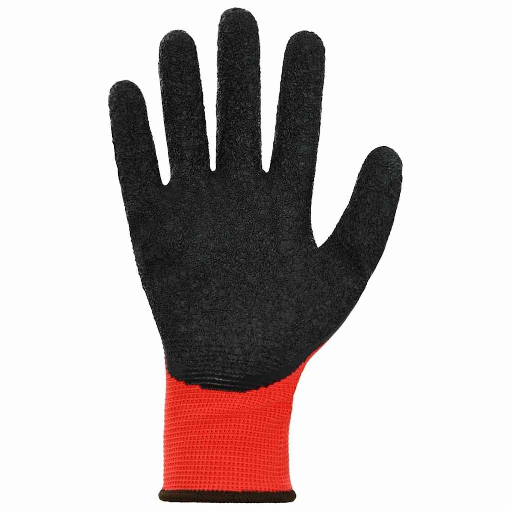 Ein schwarzer Handschuh mit rotem Bündchen, erhoben und geöffnet, vor einem einfarbigen Hintergrund.