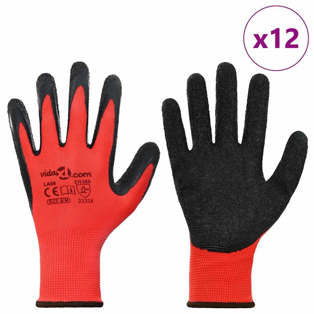 Bestellung von 12 Paaren roter und schwarzer Schutzhandschuhe. Text auf den Handschuhen: 