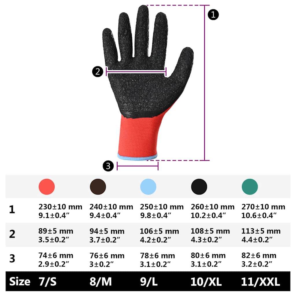Eine Grafik, die einen roten Arbeitshandschuh mit schwarzer Handfläche zeigt. Enthält Größenmessungen von XS bis XXL: Handlänge, Handflächenbreite und Handschuhlänge.