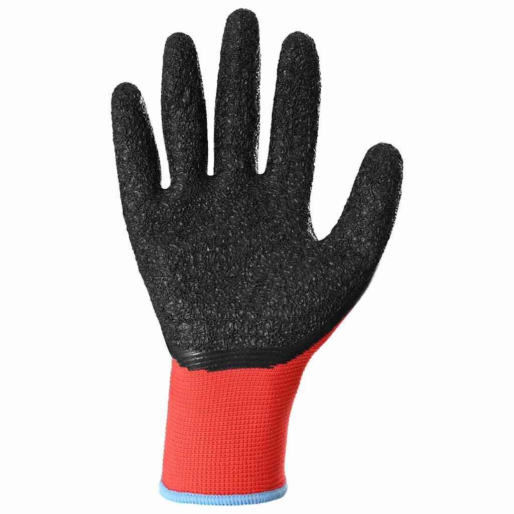 Ein schwarzer strukturierter Handschuh mit rotem Bündchen, mit der Handfläche nach oben gerichtet.