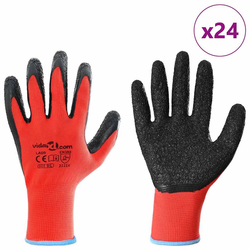 Rote und schwarze Industrieschutzhandschuhe mit Logo auf der Handfläche. Menge 'x24' in der oberen rechten Ecke vermerkt.