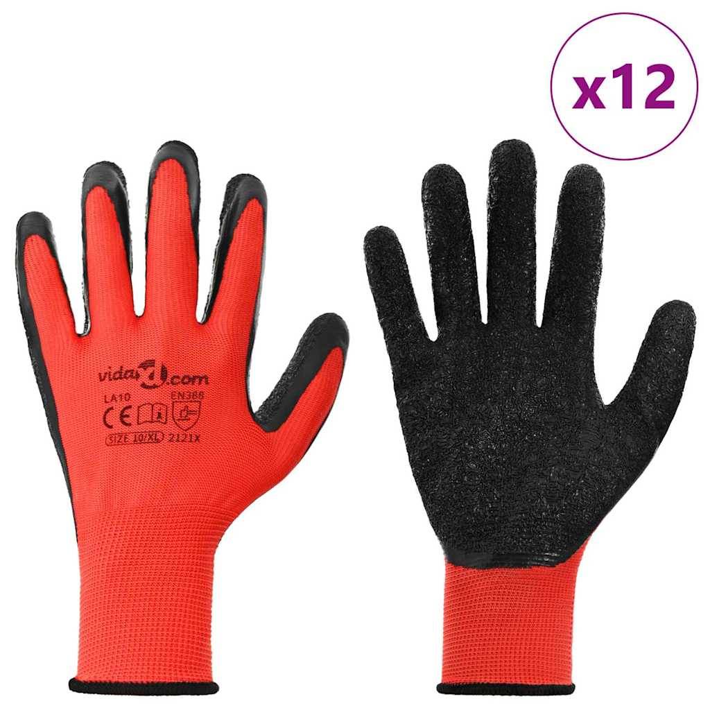 Rote und schwarze Arbeitshandschuhe mit strukturierten Handflächen, in verschiedene Richtungen ausgerichtet. Menge: 12 Paar.