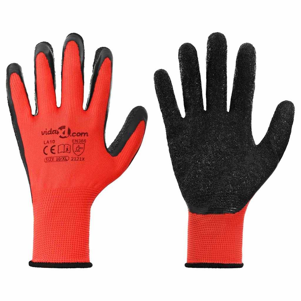 Paar rot-schwarzer Arbeitshandschuhe, die Vorder- und Rückseite zeigen. Die Handschuhe haben einen gummierten Griff und Sicherheitsmarkierungen.