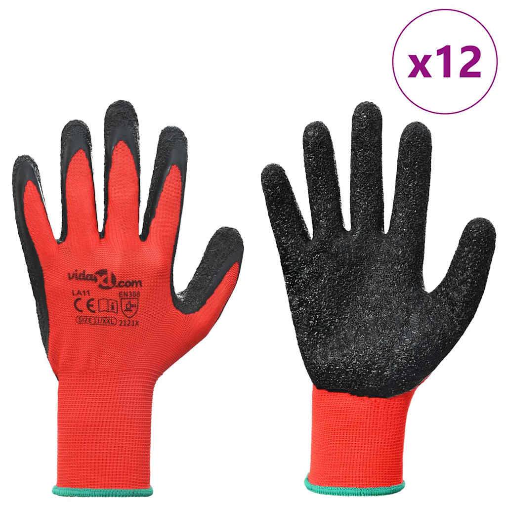 Rote und schwarze Arbeitshandschuhe mit Gummipalmgriff, von vorne und hinten gezeigt. In der oberen rechten Ecke wird 'x12' angezeigt, was auf eine Packung mit zwölf Handschuhen hinweist.