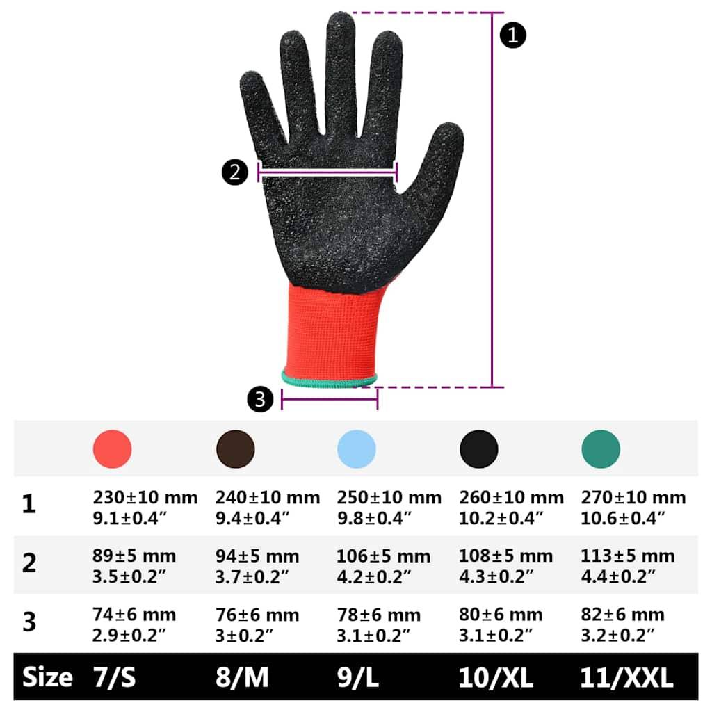Eine Grafik zeigt die Handschuhgrößen mit einer Handskizze. Die Größen reichen von 7/S bis 11/XXL mit entsprechenden Abmessungen in Millimetern für Breite und Länge.