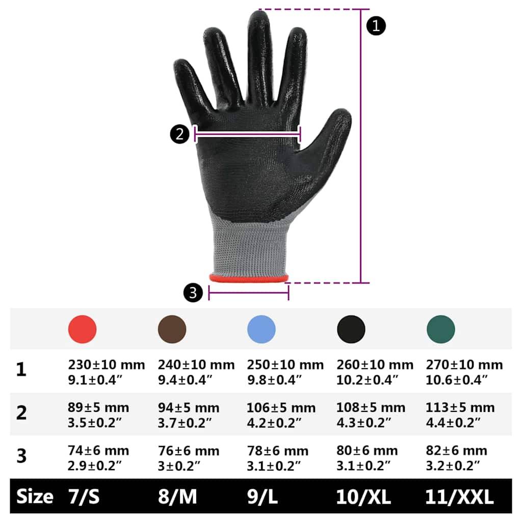 Ein Handschuh-Größenratgeber mit einem schwarzen Handschuh und detaillierten Messungen für Handlänge, Handflächenbreite und Manschettenbereite in fünf verschiedenen Größen.