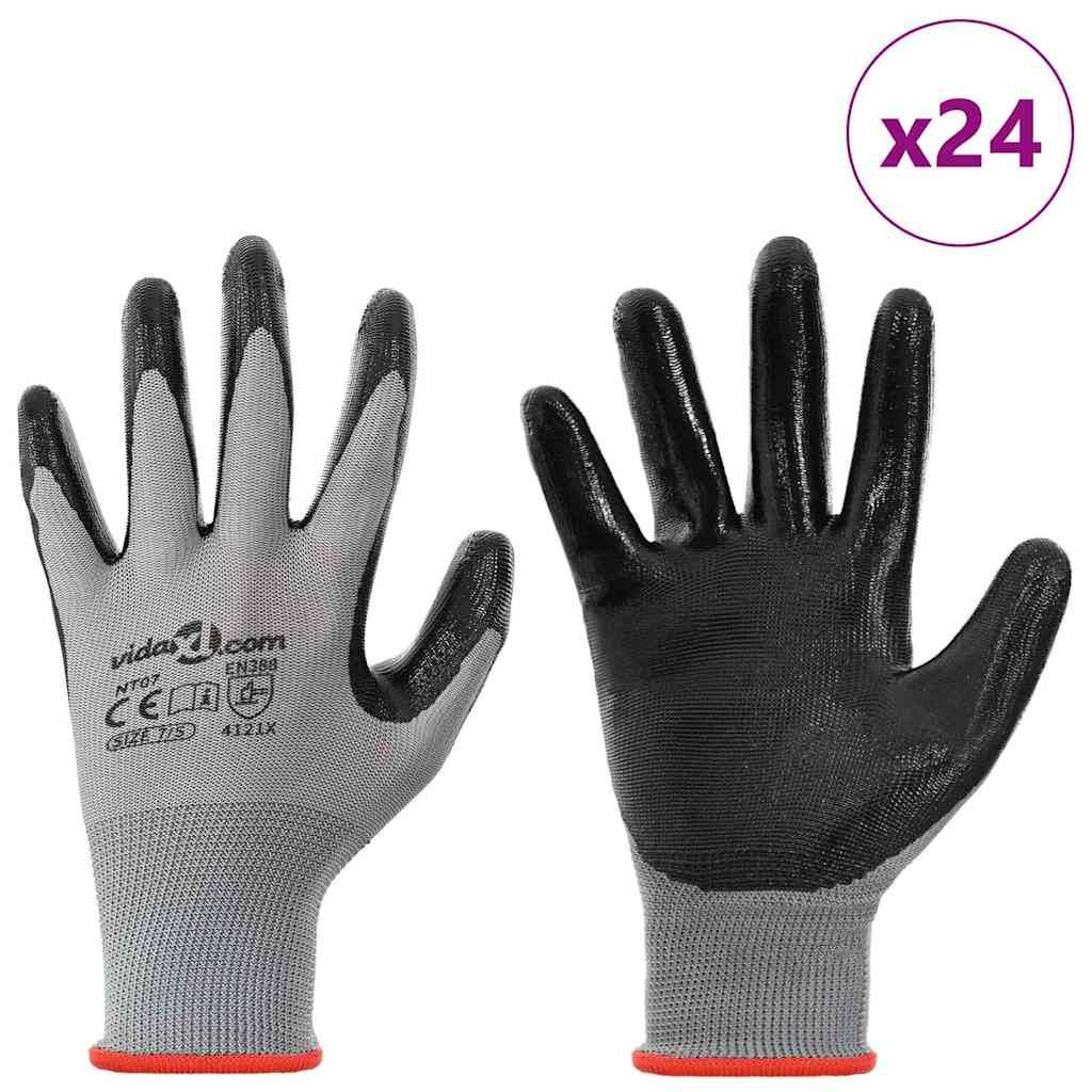 Zwei Schutzarbeitshandschuhe, grau mit schwarzer Latexbeschichtung, mit Aufdruck von 'vidaXL.com' und Sicherheitsstandards. Set mit 24 Handschuhen.