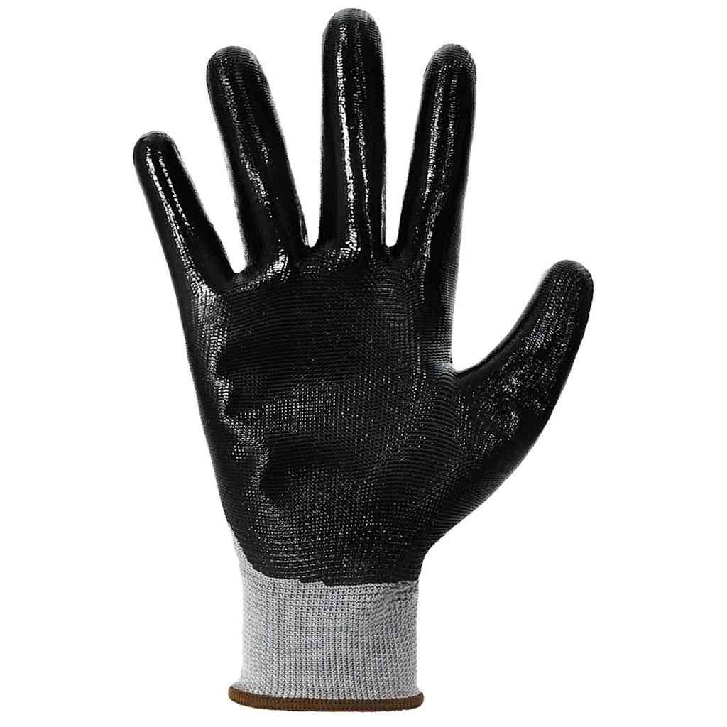 Ein schwarzer, mit Gummi überzogener Sicherheitshandschuh, die Handfläche nach oben, mit einem weißen Stoffbündchen.