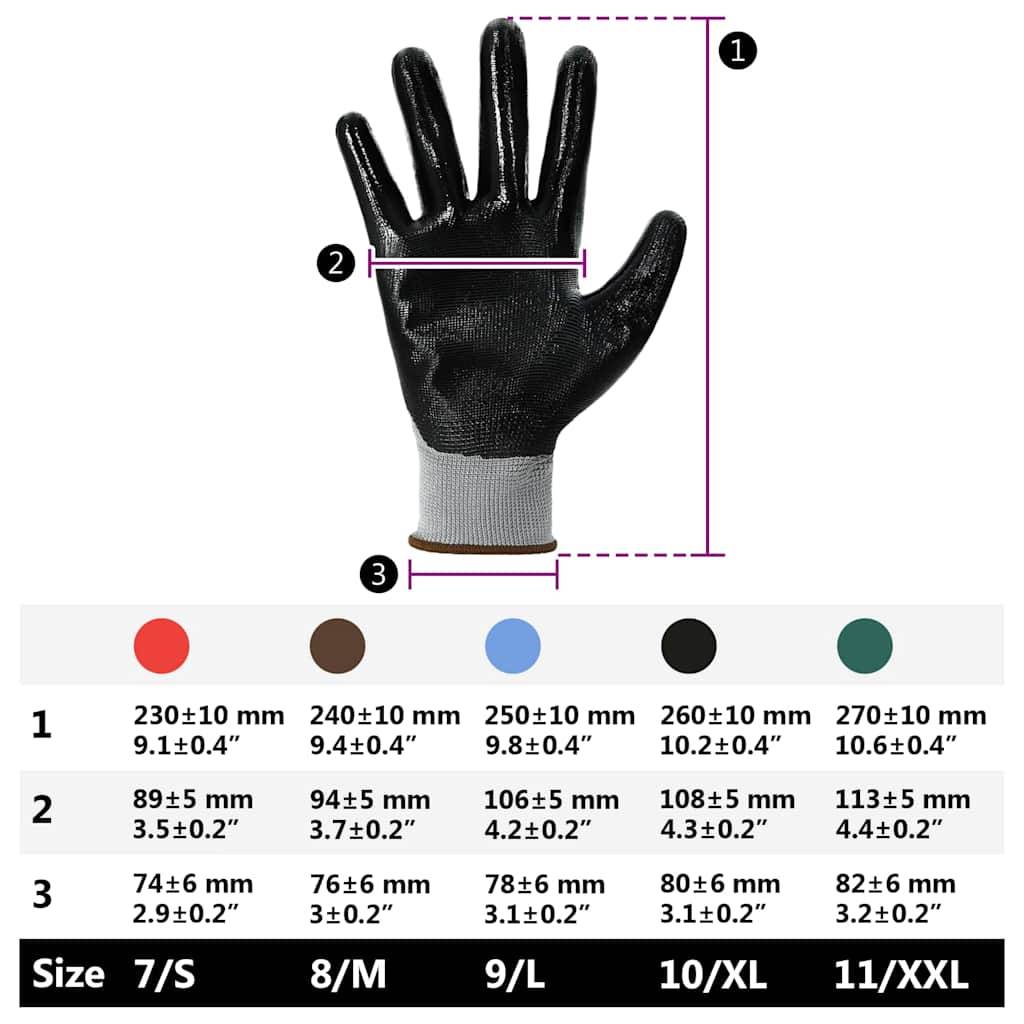 Ein Diagramm mit einer Handschuh-Größentabelle in verschiedenen Farben. Größen reichen von 7/S bis 11/XXL mit Messungen für Länge und Breite in Millimetern.