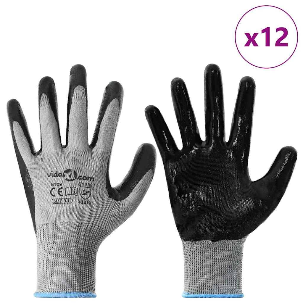 vidaXL Arbeitshandschuhe 12 pcs Grau und Schwarz 9 / l Polyester