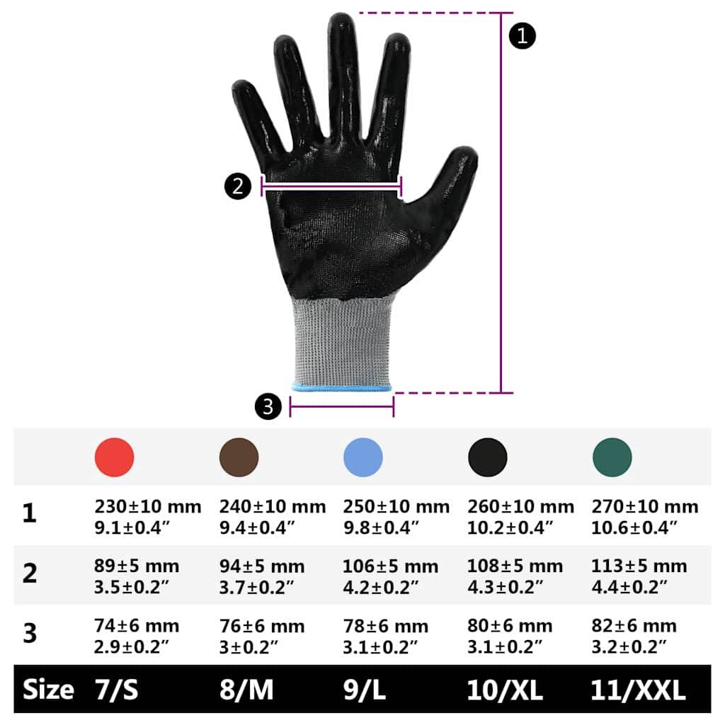 Ein schwarzer Arbeitshandschuh mit einem grauen Bündchen, versehen mit Maßangaben, die die Länge und Breite für die Größen 7/S, 8/M, 9/L, 10/XL und 11/XXL anzeigen.
