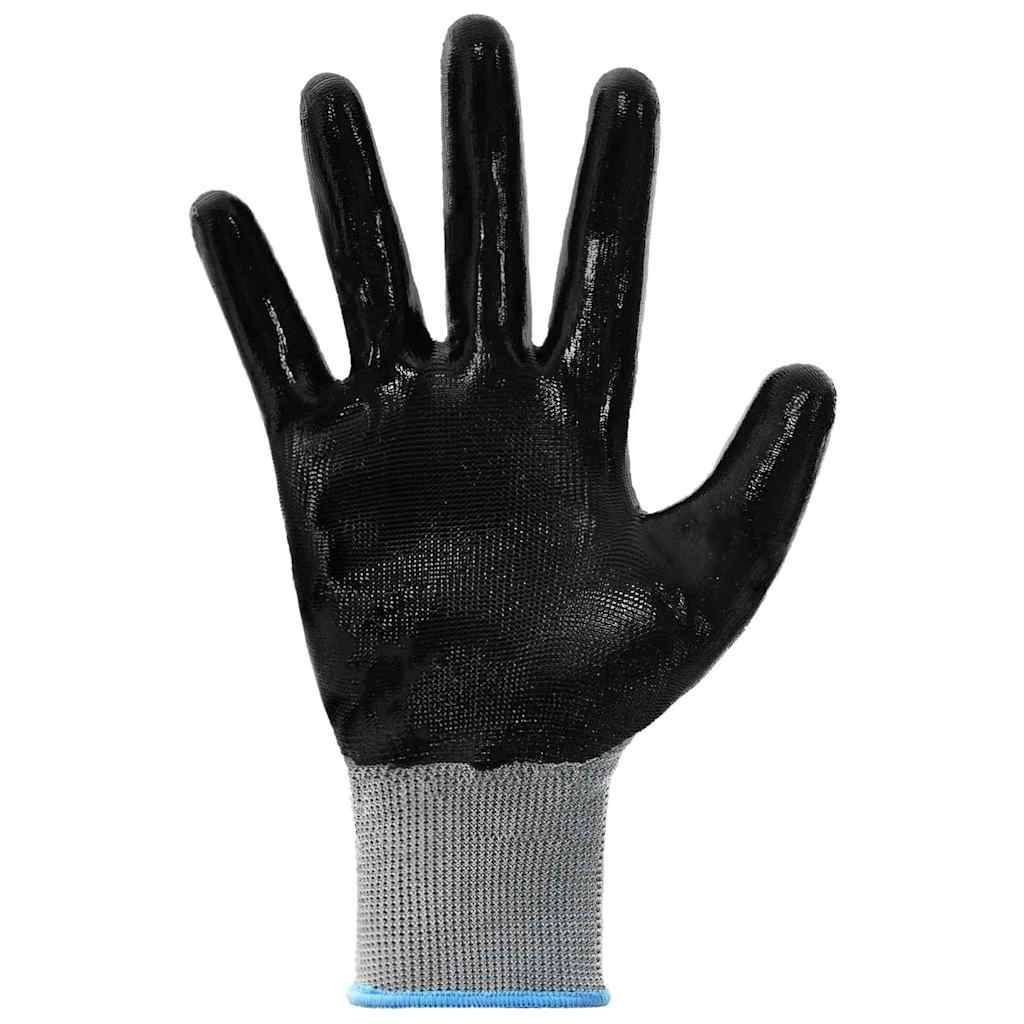 Ein schwarzer, mit Gummi beschichteter Arbeitshandschuh mit grauem Stoff am Handgelenk, von der Handfläche nach vorne gezeigt, verwendet für Schutz und Griffigkeit bei verschiedenen Tätigkeiten.