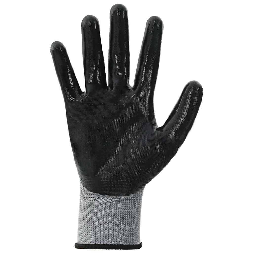 Ein schwarzer, gummibeschichteter Arbeitshandschuh mit grauem Stoff am Handgelenk, mit der Handfläche zum Betrachter ausgerichtet, Daumen seitlich ausgestreckt.