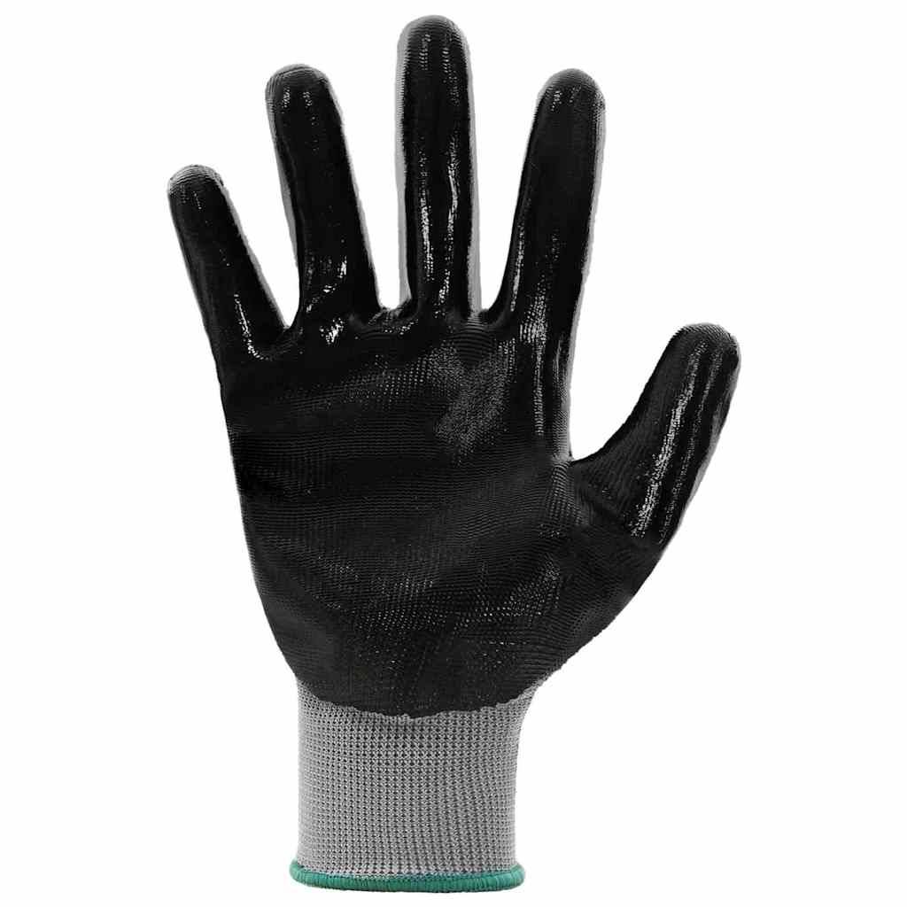Ein schwarzer, mit Gummi beschichteter Arbeitshandschuh mit Stulpe zeigt eine offene Hand. Er ist für Griff und Schutz in industriellen Umgebungen konzipiert.