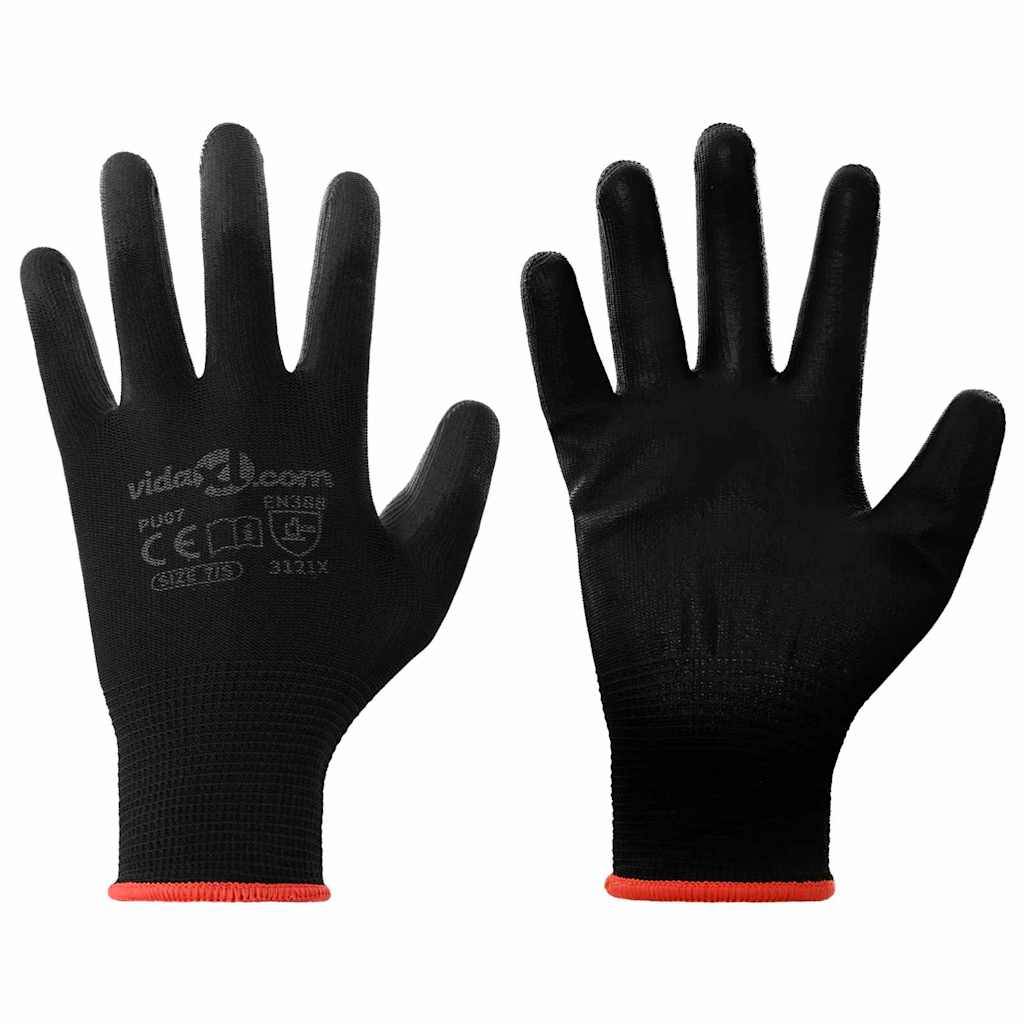 Zwei schwarze Sicherheitshandschuhe mit roten Stulpen werden präsentiert. Die Handschuhe weisen sichtbare weiße Etiketten auf, die Spezifikationen und Zertifizierungen detailliert beschreiben.