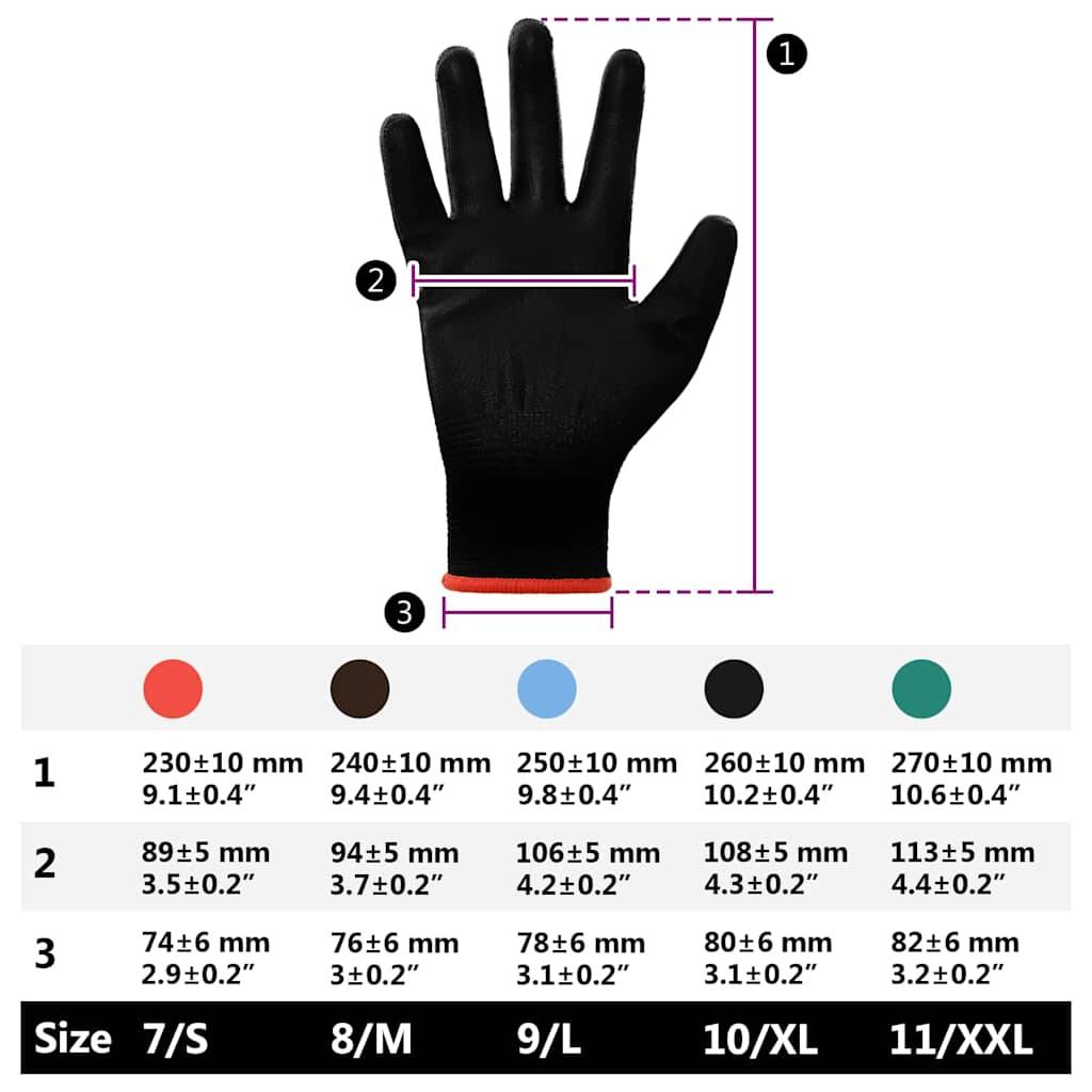 Ein schwarzer Handschuh wird mit Markierungen für Länge und Breite dargestellt. Darunter befindet sich eine Größentabelle mit Größen von 7/S bis 11/XXL und detaillierten Maßangaben.
