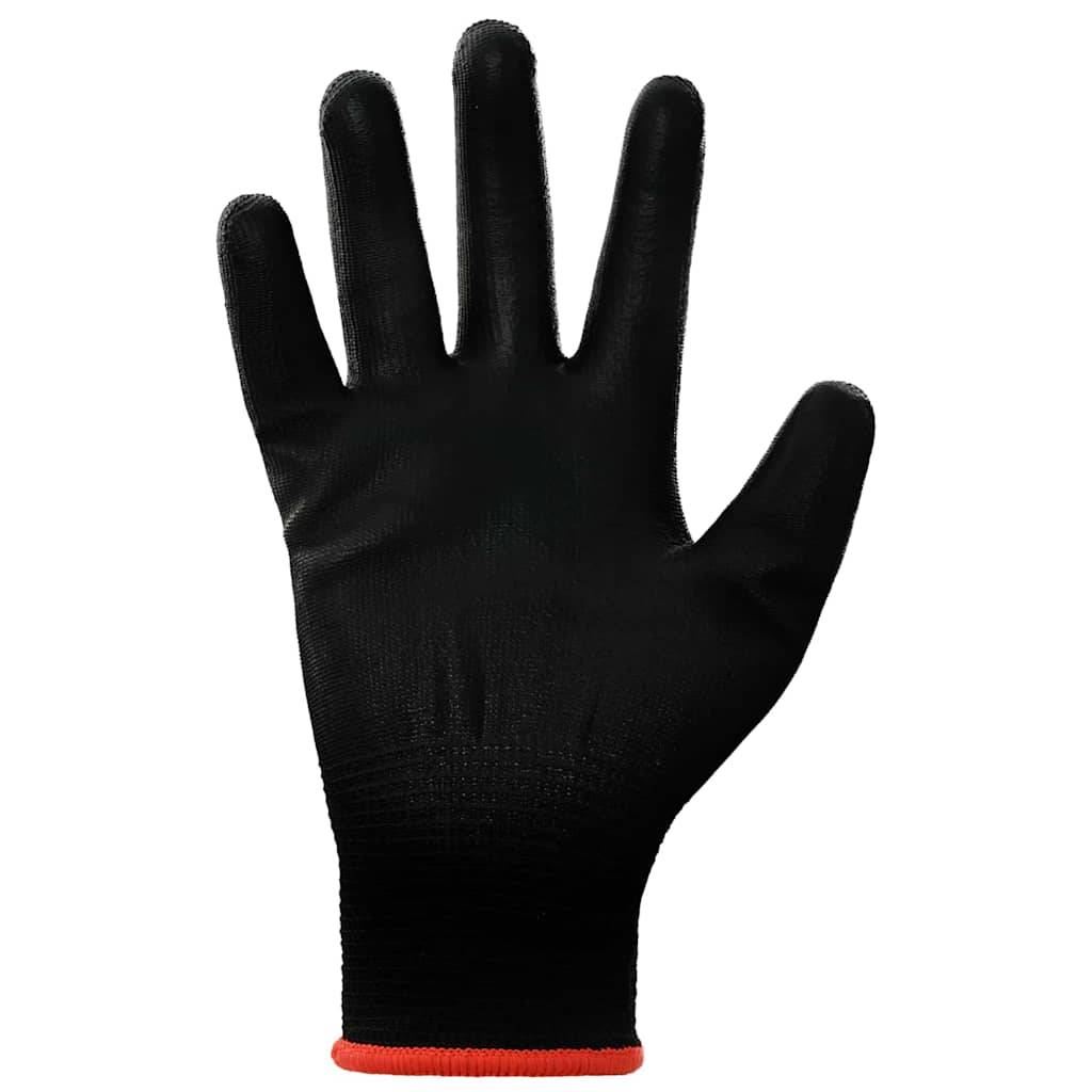Ein schwarzer Handschuh mit roter Einfassung, Handfläche nach vorne gerichtet.