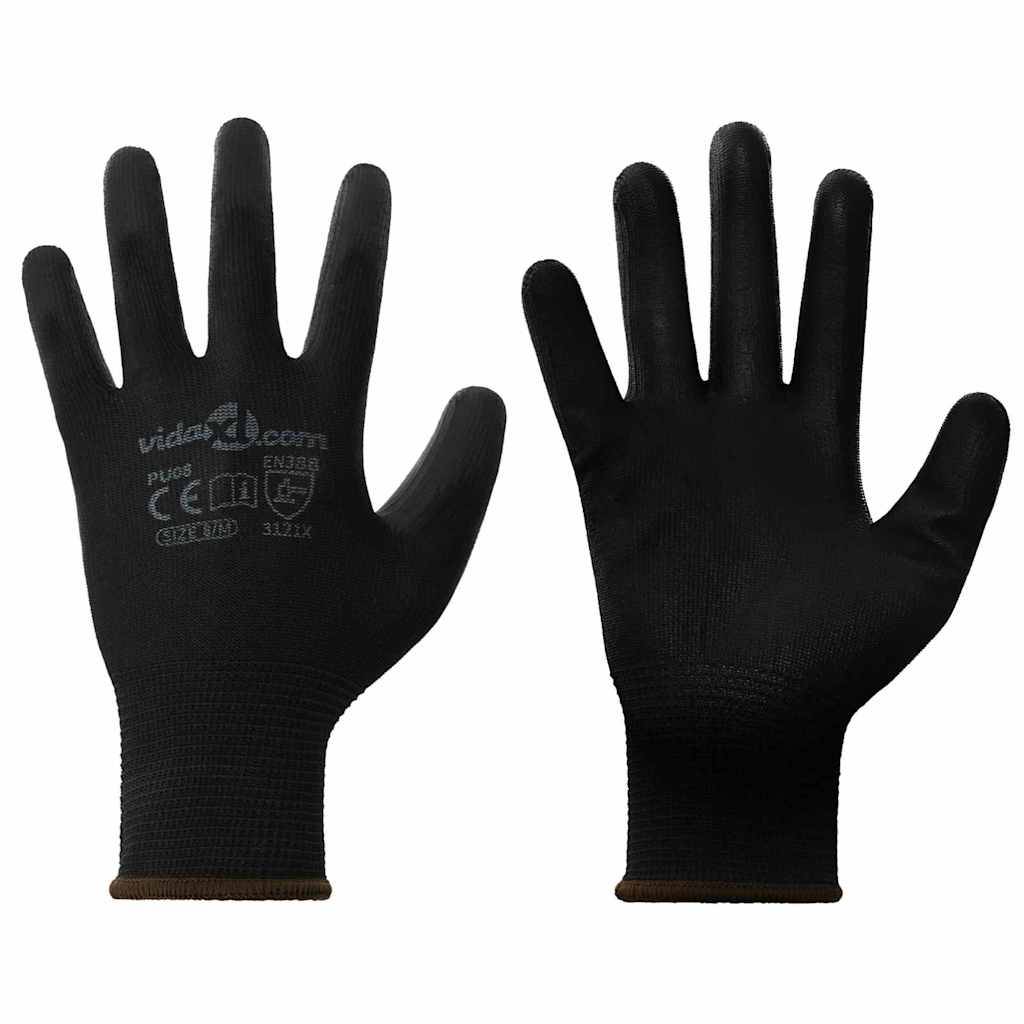 Ein Paar schwarze Schutzhandschuhe mit sichtbarer Textur und Markierungen auf der Oberseite, die mit geöffneten Handflächen und gespreizten Fingern präsentiert werden.