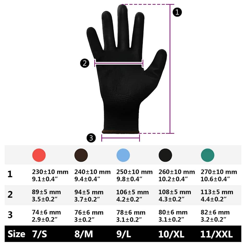 Ein schwarzer Handschuh mit Größentabelle: 230-270 mm Länge, 89-112 mm Breite, Größen von 7/S bis 11/XXL, abgebildet mit blauen, grünen, roten, schwarzen und beigen Manschetten.