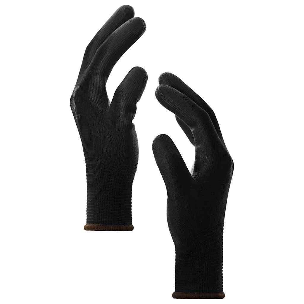 Ein Paar schwarzer Handschuhe, die sich gegenüberliegen, mit leicht gebeugten Fingern auf weißem Hintergrund.