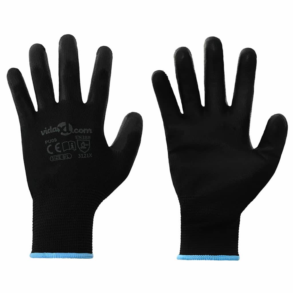 Schwarze Handschuhe mit blauen Manschetten, Handflächen nach vorne gerichtet. Text auf den Handschuhen enthält 'vidaXL.com'.