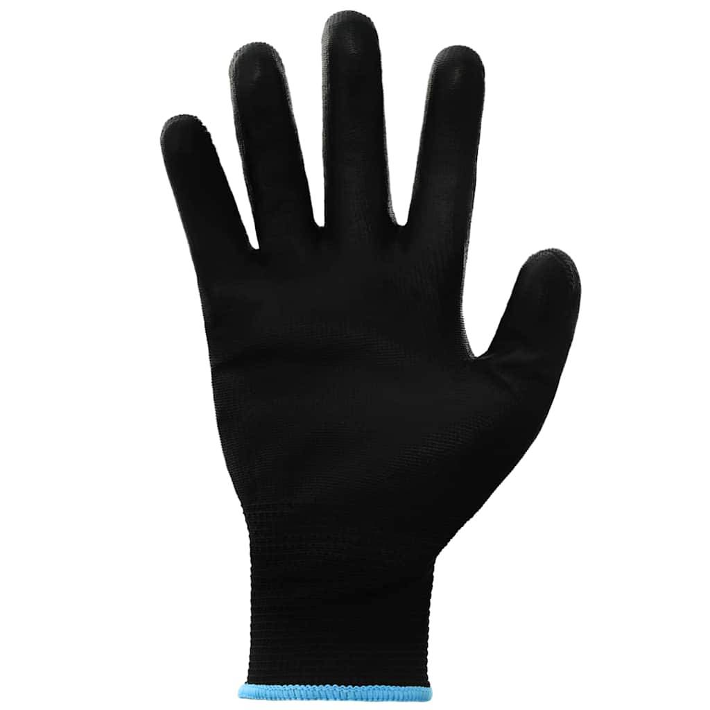 Ein schwarzer Handschuh mit einem hellblauen Bündchen, von der Handfläche nach oben auf weißem Hintergrund gezeigt.