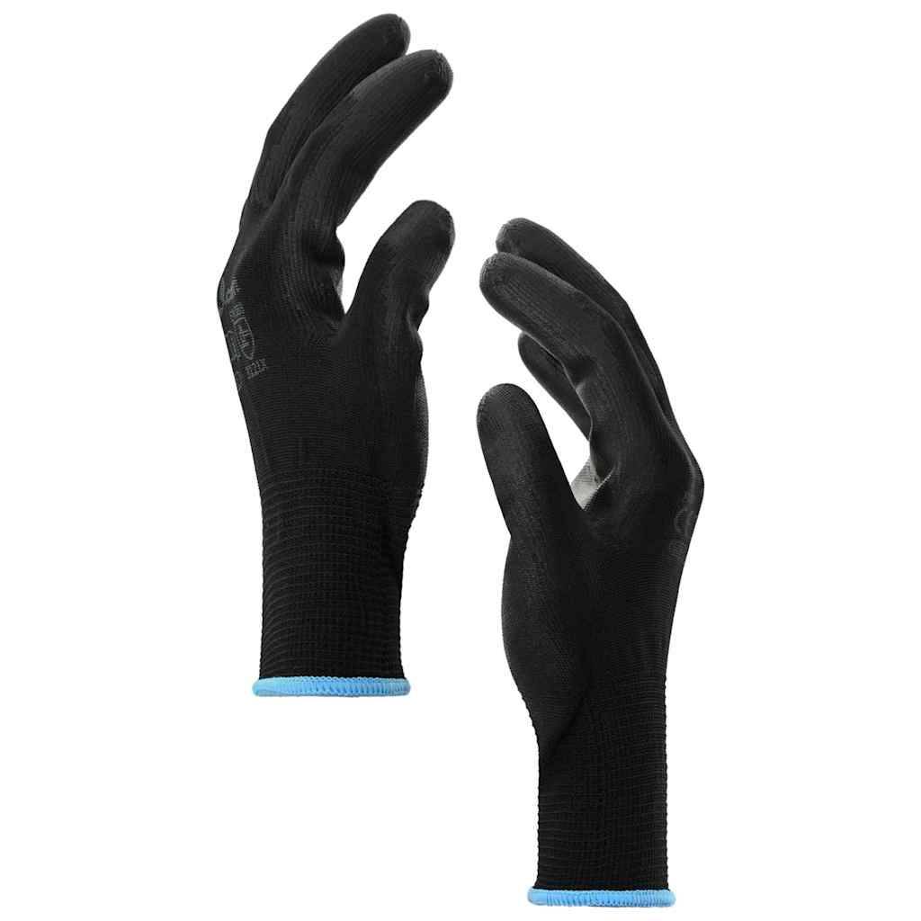 Zwei schwarze Arbeitshandschuhe mit blauer Einfassung werden vor einem weißen Hintergrund gezeigt, wobei sowohl die Vorder- als auch die Rückseite zu sehen sind.