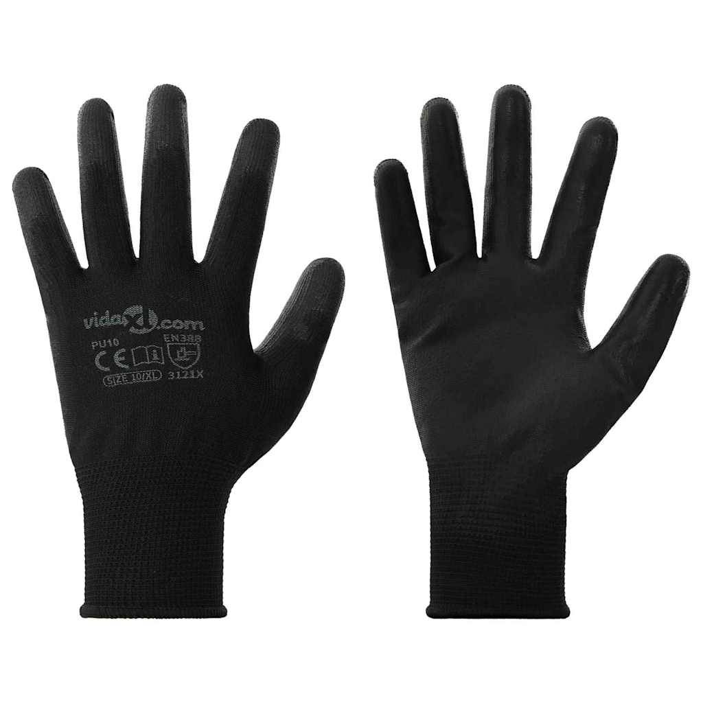 Zwei schwarze Schutzhandschuhe, jeweils mit fünf Fingern, flach ausgebreitet und nach oben zeigend. Auf der Rückseite jedes Handschuhs sind Sicherheitszertifizierungszeichen aufgedruckt.