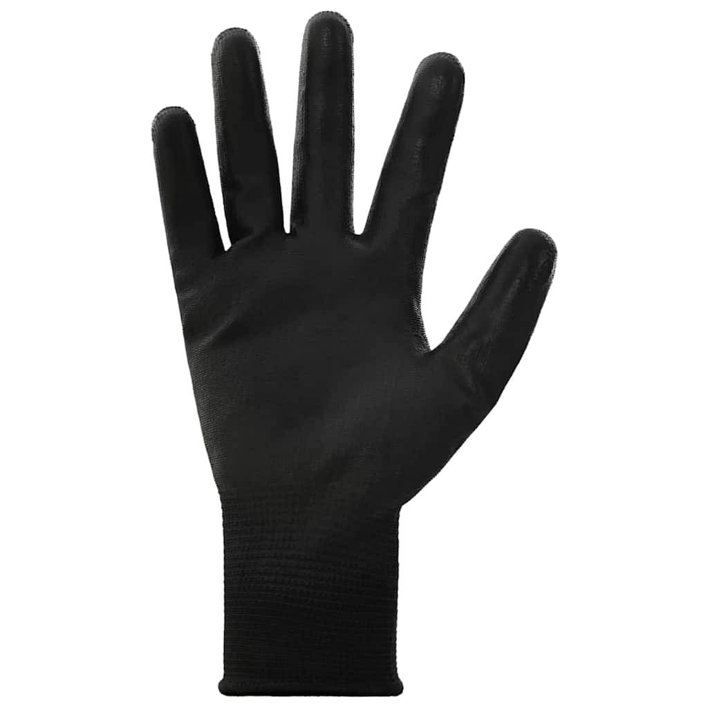 Ein schwarzer, strukturierter Arbeitshandschuh mit fünf Fingern, Handfläche nach außen gerichtet. Wird zum Schutz bei manuellen Tätigkeiten verwendet.