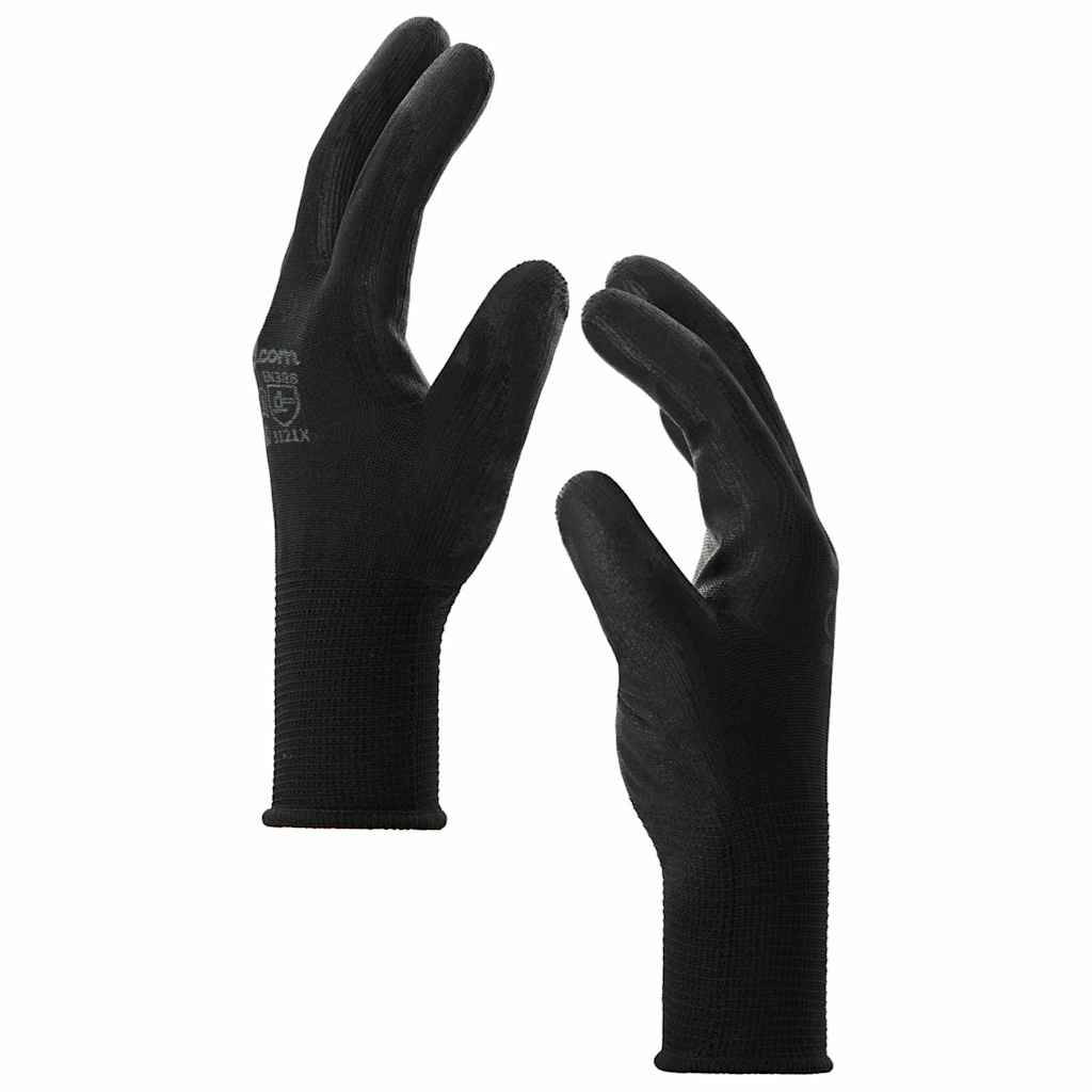 Zwei schwarze Handschuhe mit engem Sitz und strukturierter Handfläche, die sich auf weißem Hintergrund gegenüberstehen.