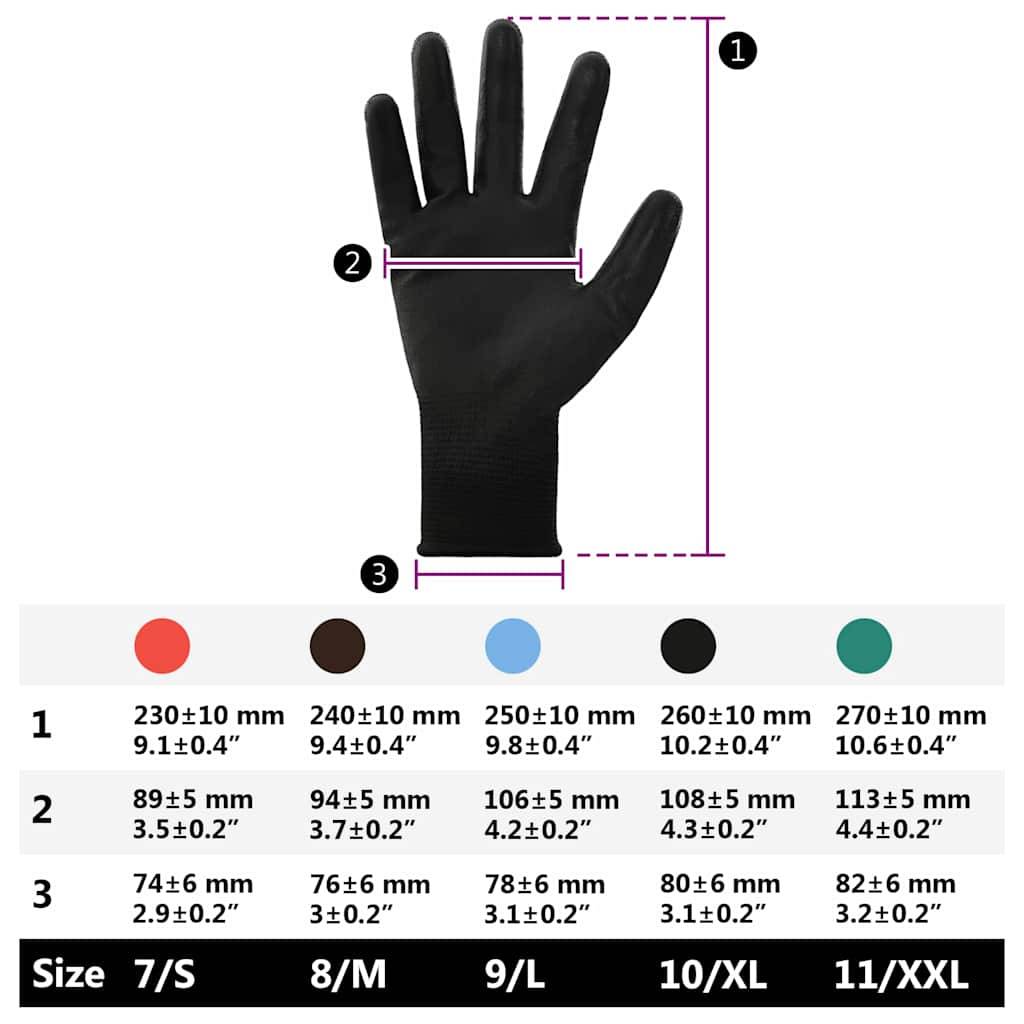 Eine Abbildung zeigt einen schwarzen Handschuh mit beschrifteten Abmessungen: Länge (230-270 mm) und Breite (89-108 mm) für Größen 7/S bis 11/XXL.