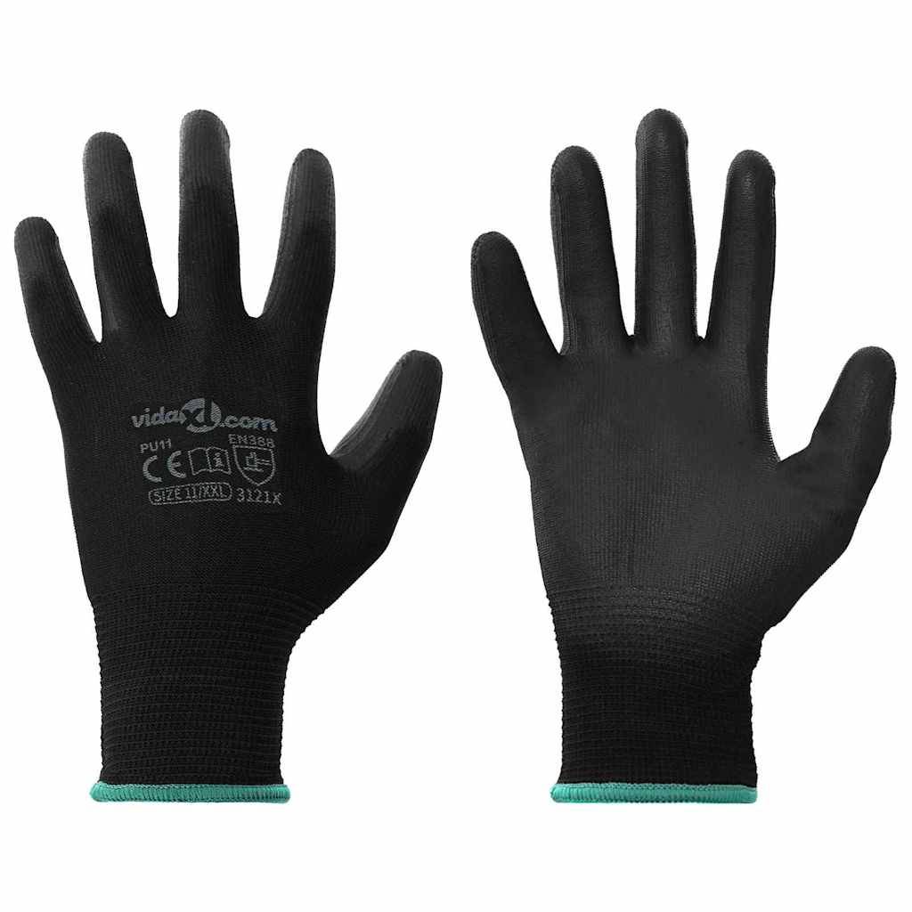 Ein Paar schwarze Schutzhandschuhe mit grünen Bündchen, auf deren Rückseite die Marke 'vidaXL.com' und Sicherheitsstandards aufgedruckt sind.