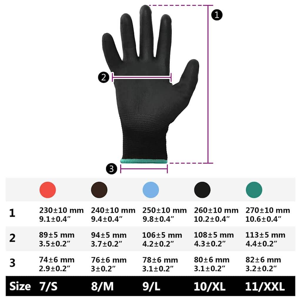Handschuh-Größentabelle: Größen 7/S bis 11/XXL, mit Messungen für Länge und Breite. Handschuh mit fünf Farben als Referenzpunkte.