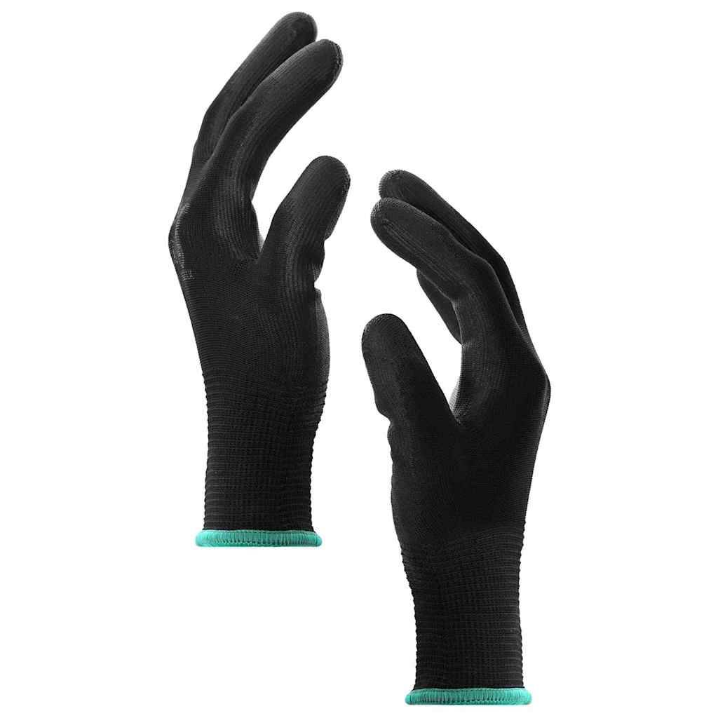 Zwei schwarze Handschuhe mit türkisfarbenen Manschetten, Handflächen zueinander gerichtet, Finger leicht gebeugt.