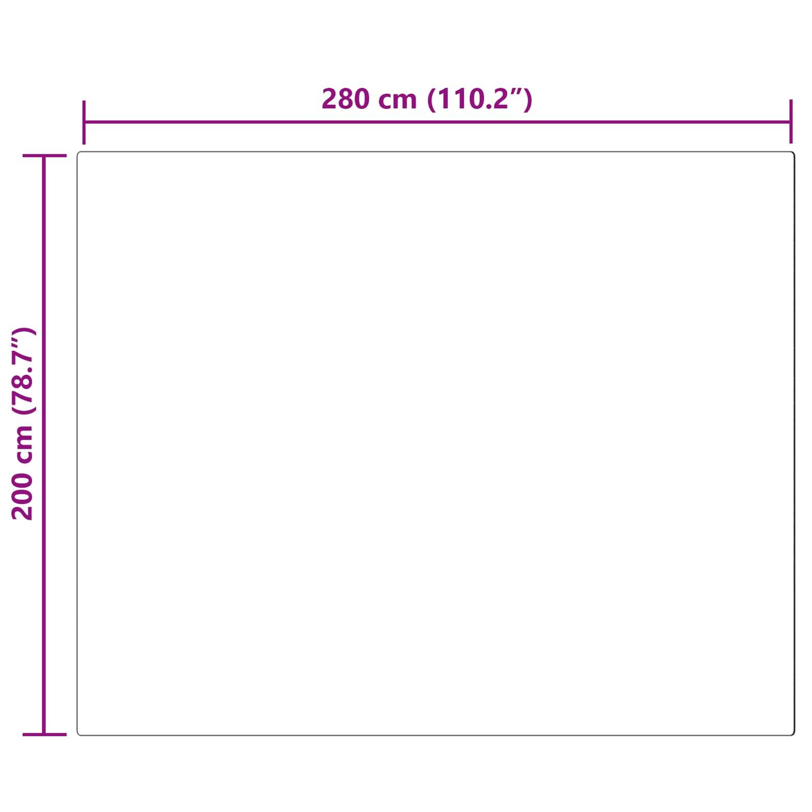 Diagramm mit den Abmessungen einer rechteckigen Form: 280 cm (110,2") breit und 200 cm (78,7"") hoch, beschriftet in Violett.
