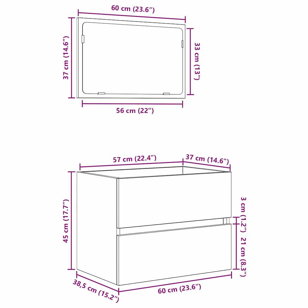 Maße für ein Badezimmer-Waschbecken mit Spiegel: Spiegel - 60x37 cm, Waschtisch - 57x45x38,5 cm. Bietet eine kompakte Aufbewahrungslösung.