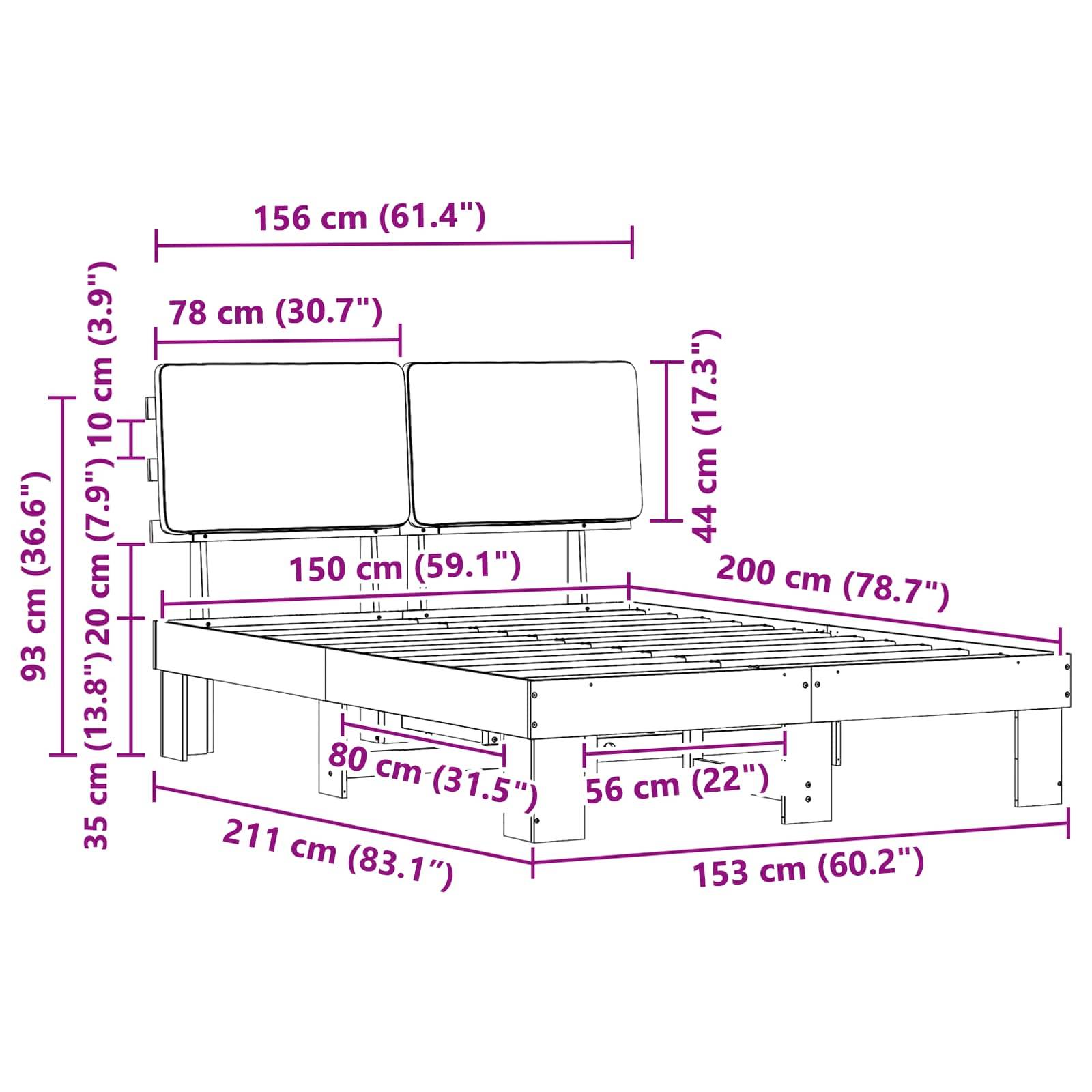 Bettrahmen-Abmessungen: Breite 156 cm, Länge 211 cm, Höhe 93 cm. Inklusive Kopfteil-Höhe 78 cm und Beinhöhe 35 cm.