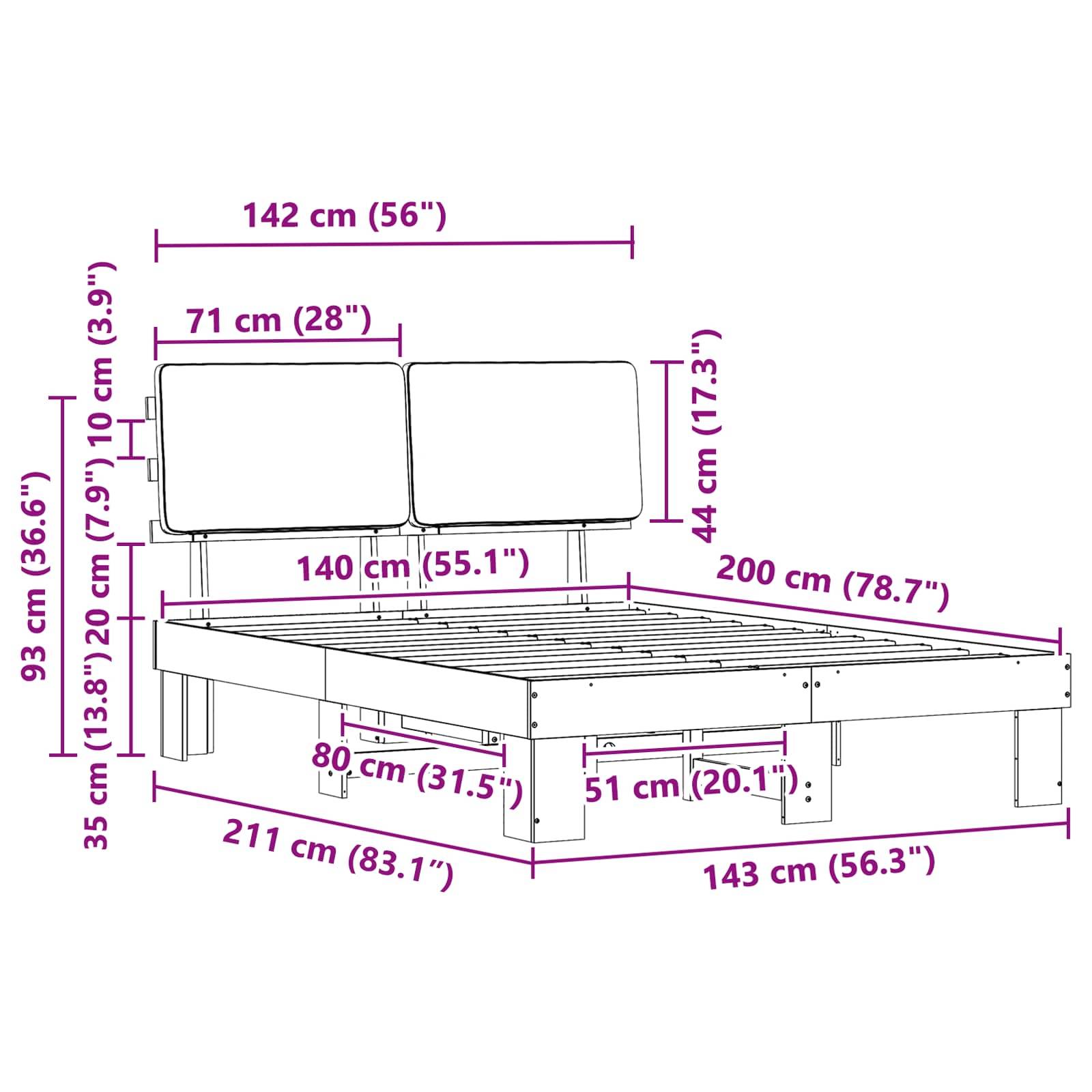 Bettmaße: Höhe 35 cm (14 Zoll), Kopfteil 93 cm (37 Zoll), Breite 142 cm (56 Zoll), Länge 211 cm (83 Zoll). Breite des Kopfteils 71 cm (28 Zoll).