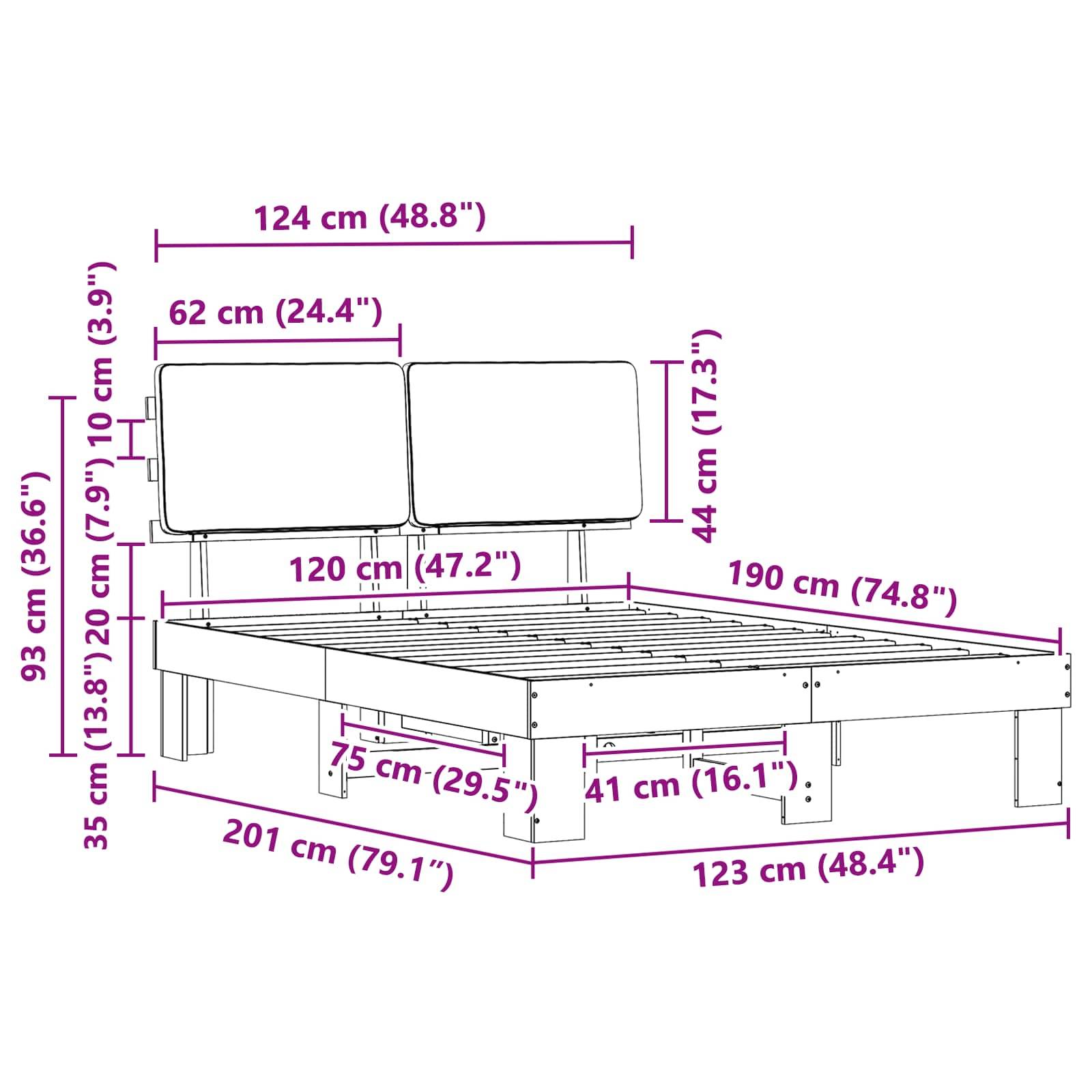 Diagramm eines Bettgestells mit Maßen: 201 cm Länge, 123 cm Breite und 35 cm Höhe von Basis bis Kopfteil. Kissen sind 44 cm hoch.