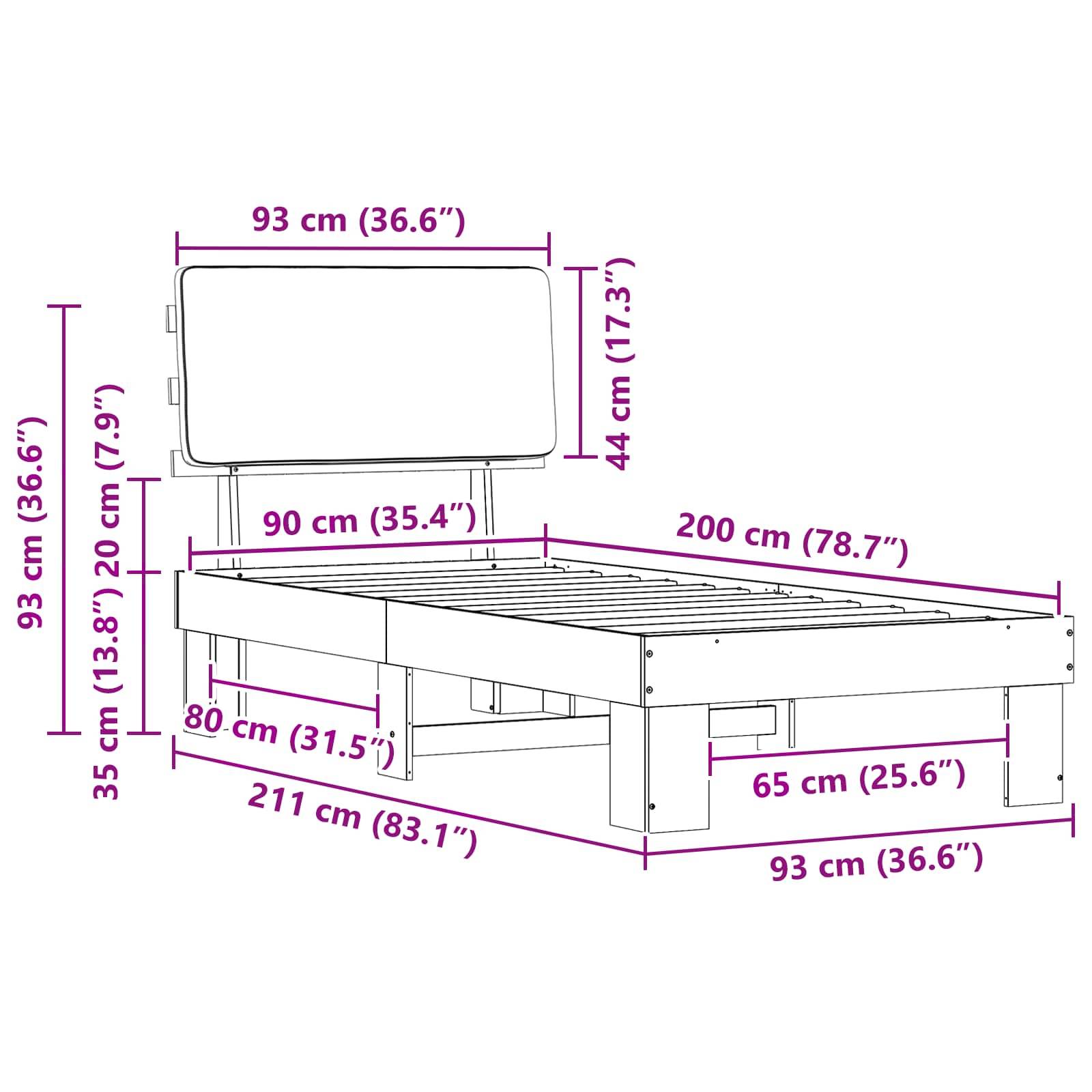 Diagramm eines Bettgestells mit Abmessungen: 93 cm Breite, 200 cm Länge. Kopfteil ist 93 cm breit und 44 cm hoch. Matratzenbereich misst 211 cm x 90 cm.