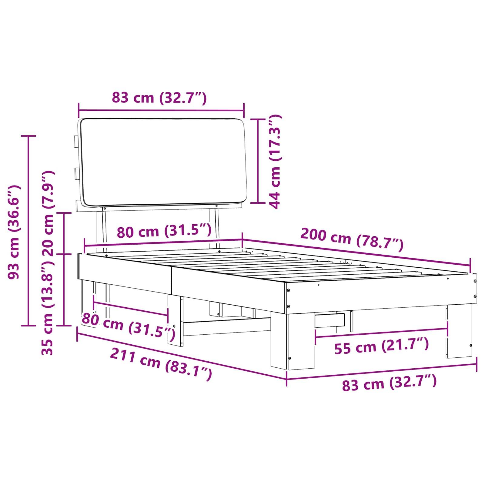 Abmessungen eines Bettgestells: Breite 211 cm, Höhe 93 cm, Länge 200 cm, mit gekennzeichneten Bereichen einschließlich Kopfteil und Rahmen.
