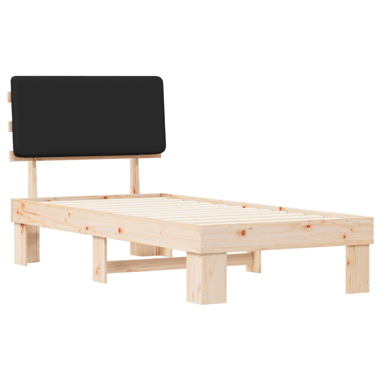 Ein Holzbettgestell mit einem hohen, gepolsterten schwarzen Kopfteil, das ein minimalistisches Design mit natürlicher Holzoberfläche und robuster Konstruktion präsentiert.