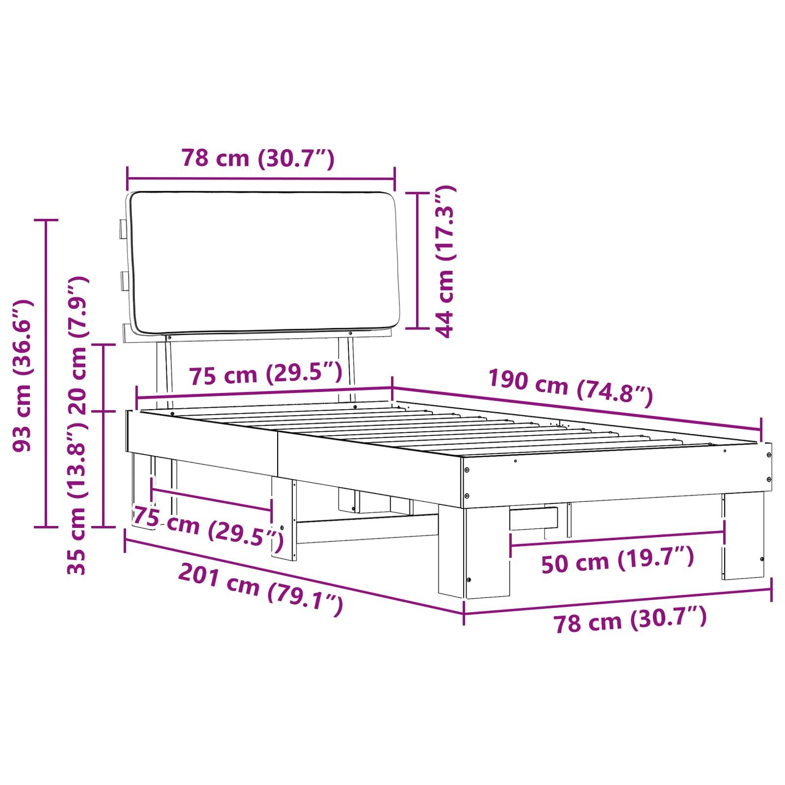 Eine schematische Zeichnung eines Bettes mit Abmessungen: Höhe 93 cm, Breite 190 cm, Tiefe 201 cm, Kopfteilhöhe 44 cm. Zeigt alle seitlichen Maße.